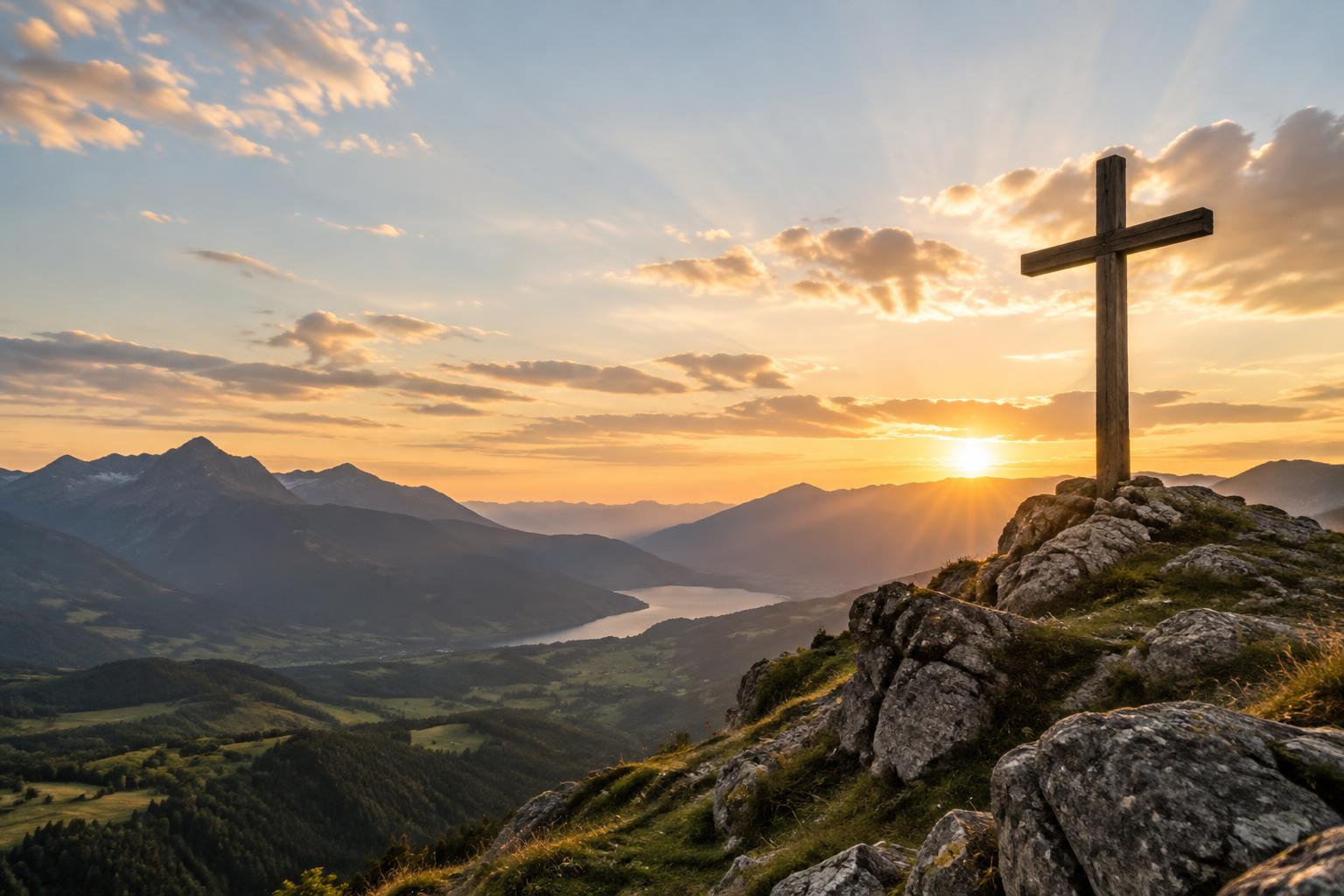 Cross overlooking a mountain valley at sunrise