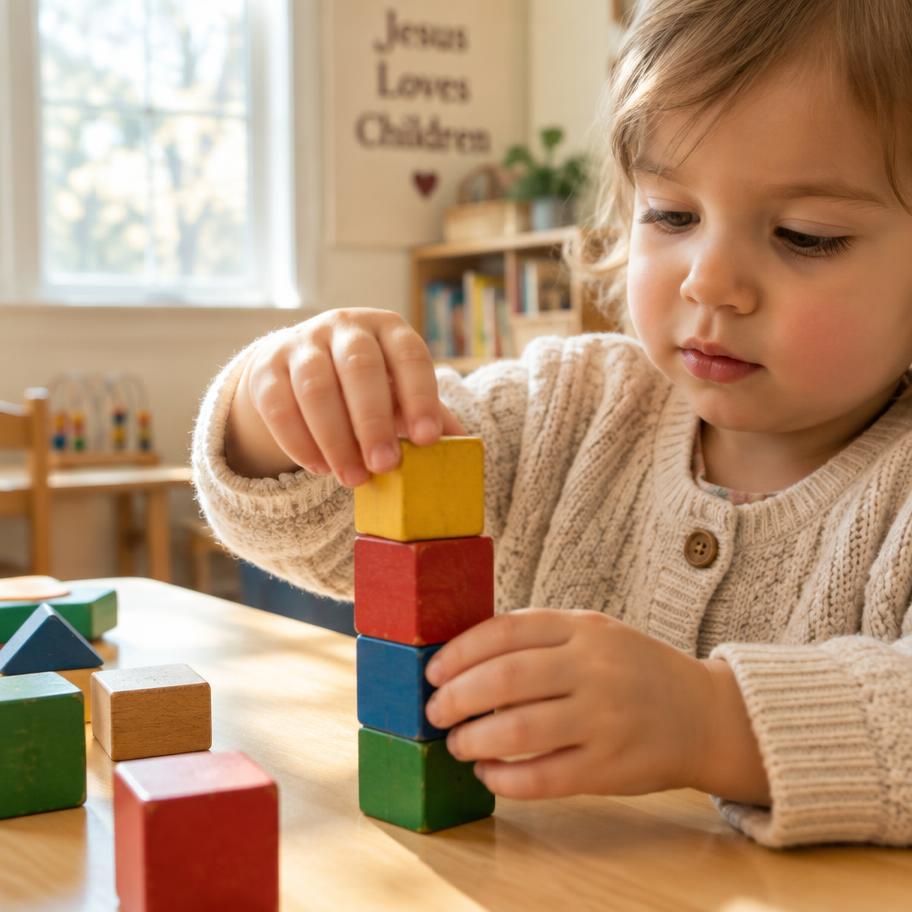 A toddler stacking wooden blocks in the church nursery
